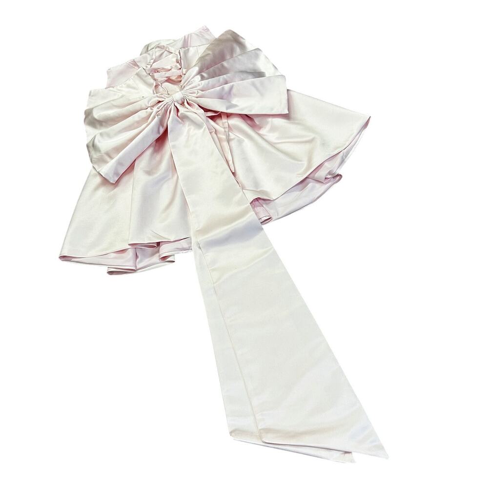 Soft Pink Satin Coquette Formal Dress Ruffle Bodice Dramatic Oversized Bow Train - Picture 7 of 12